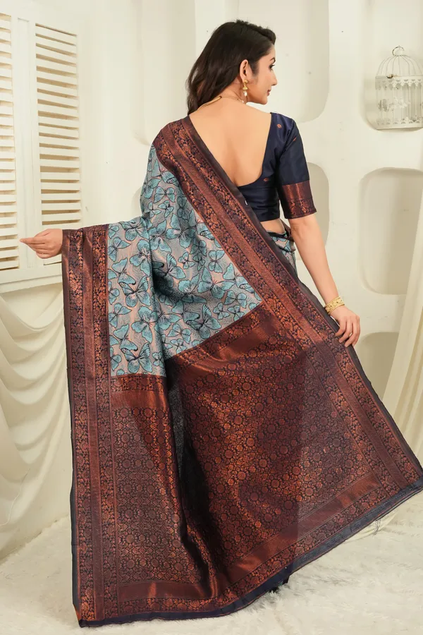 Navy_Blue_Teal_Butterfly_Motif_Jacquard_Silk_Saree_Default_Title