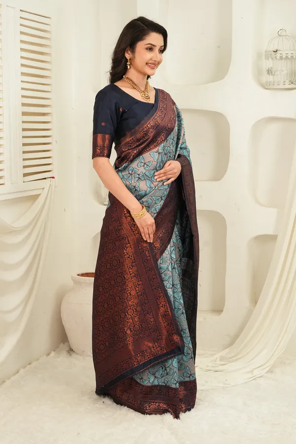 Navy_Blue_Teal_Butterfly_Motif_Jacquard_Silk_Saree_Default_Title