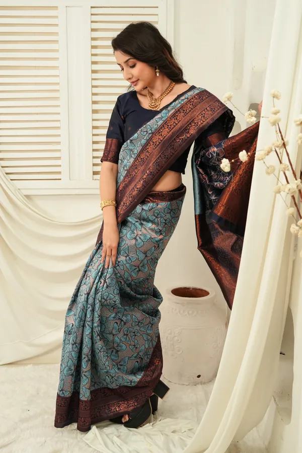 Navy_Blue_Teal_Butterfly_Motif_Jacquard_Silk_Saree_Default_Title