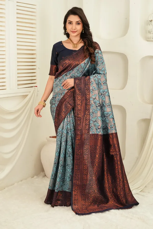 Navy_Blue_Teal_Butterfly_Motif_Jacquard_Silk_Saree_Default_Title