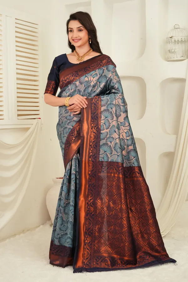 Slate_Blue_Navy_Jacquard_Floral_Motifs_Silk_Saree_Default_Title