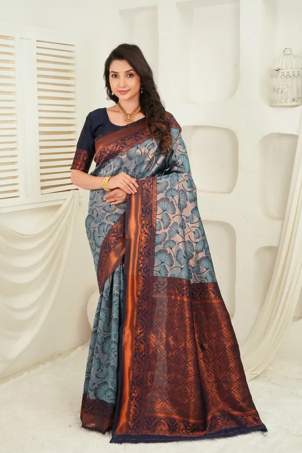 Slate_Blue_Navy_Jacquard_Floral_Motifs_Silk_Saree_Default_Title