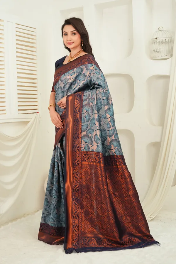 Slate_Blue_Navy_Jacquard_Floral_Motifs_Silk_Saree_Default_Title