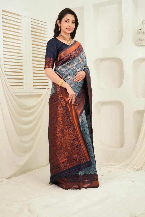 Slate_Blue_Navy_Jacquard_Floral_Motifs_Silk_Saree_Default_Title
