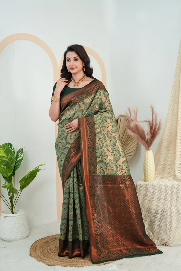 Bottle_Green_Jacquard_Flower_Motif_Silk_Saree_Default_Title