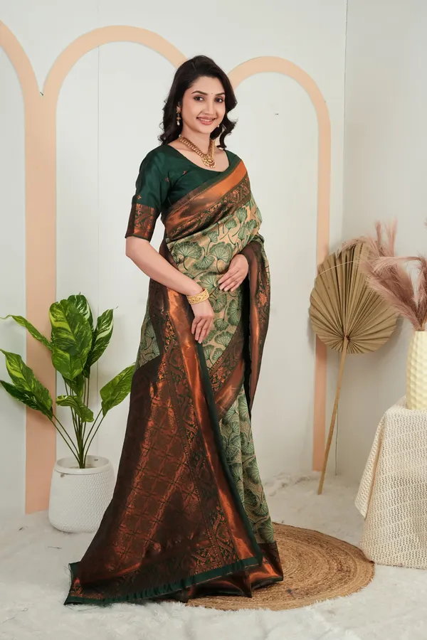 Bottle_Green_Jacquard_Flower_Motif_Silk_Saree_Default_Title