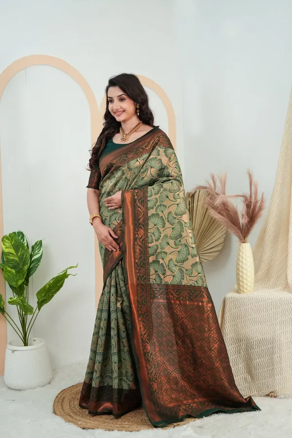 Bottle_Green_Jacquard_Flower_Motif_Silk_Saree_Default_Title