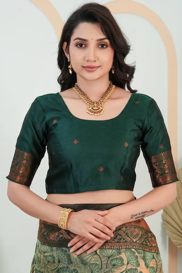 Bottle_Green_Jacquard_Flower_Motif_Silk_Saree_Default_Title