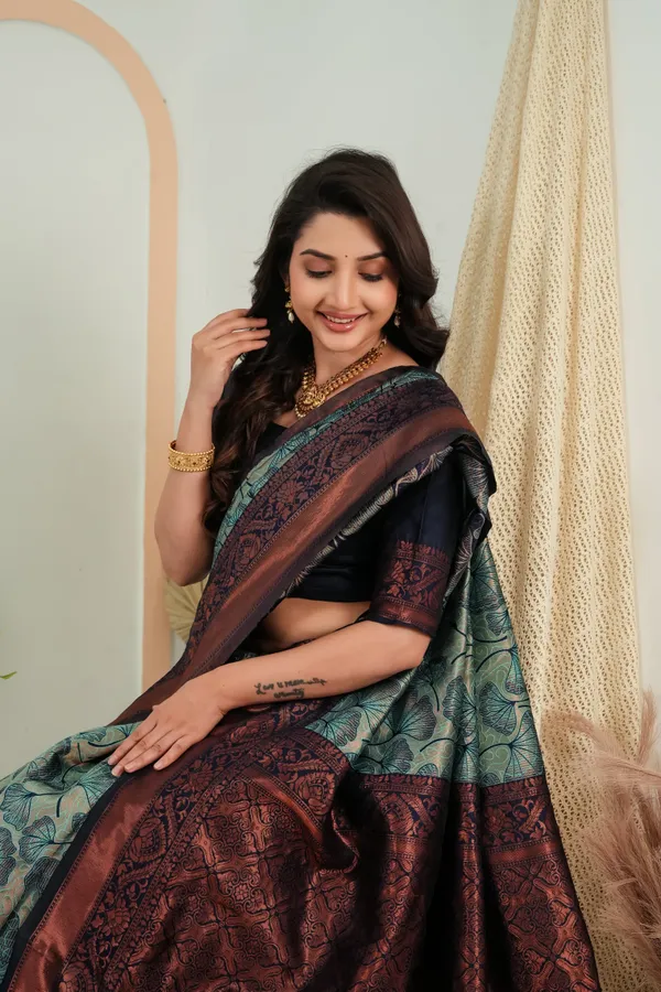 Teal_Green_Jacquard_Flower_Motif_Silk_Saree_Default_Title