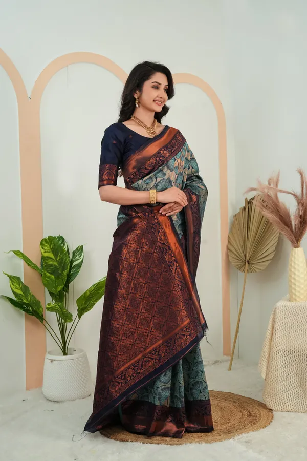 Teal_Green_Jacquard_Flower_Motif_Silk_Saree_Default_Title