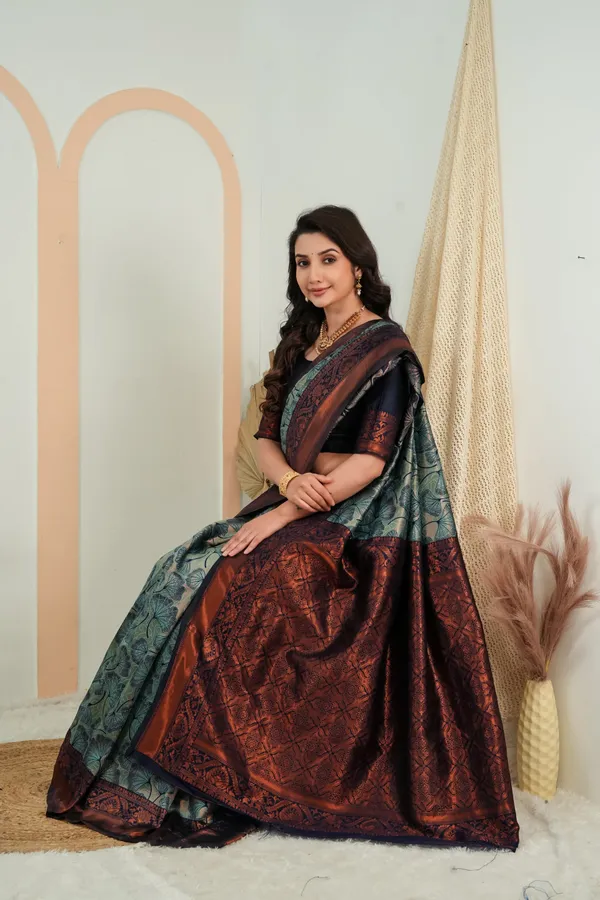 Teal_Green_Jacquard_Flower_Motif_Silk_Saree_Default_Title