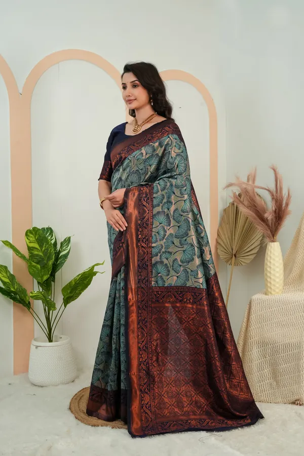 Teal_Green_Jacquard_Flower_Motif_Silk_Saree_Default_Title