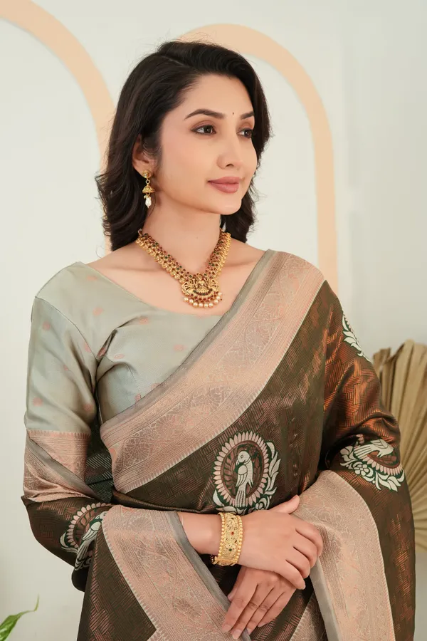 Chocolate_Brown_Jacquard_Parrot_Motif_Silk_Saree_Default_Title