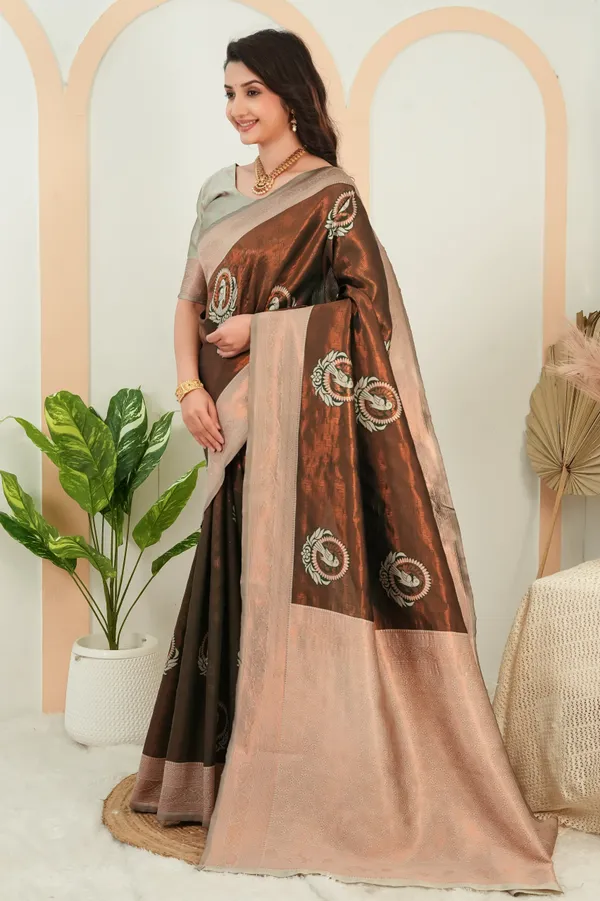 Chocolate_Brown_Jacquard_Parrot_Motif_Silk_Saree_Default_Title