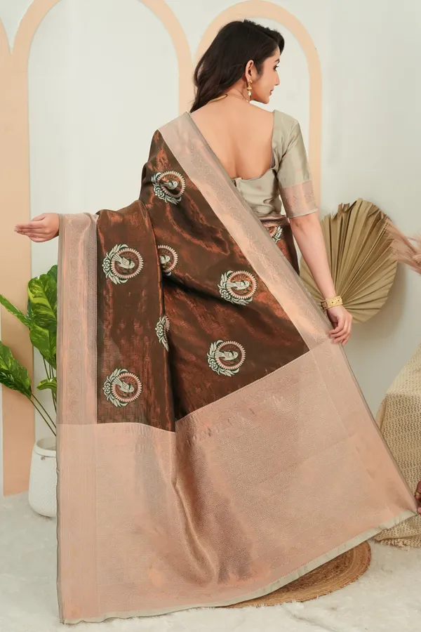 Chocolate_Brown_Jacquard_Parrot_Motif_Silk_Saree_Default_Title
