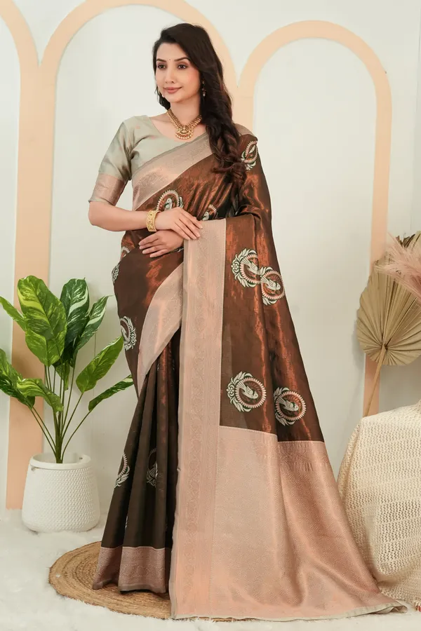 Chocolate_Brown_Jacquard_Parrot_Motif_Silk_Saree_Default_Title