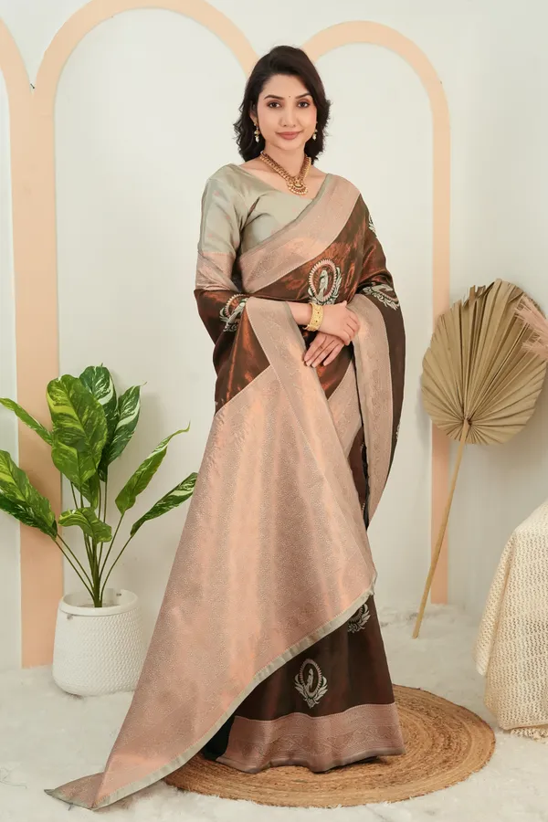 Chocolate_Brown_Jacquard_Parrot_Motif_Silk_Saree_Default_Title