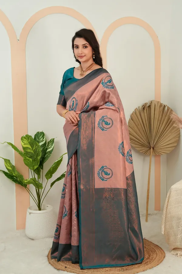 Dusty_Rose_Teal_Woven_Parrot_Motif_Saree_Default_Title