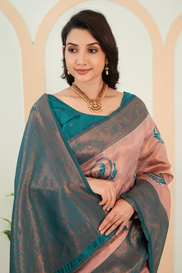 Dusty_Rose_Teal_Woven_Parrot_Motif_Saree_Default_Title