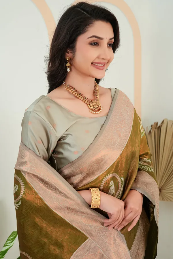 Olive_Green_Parrot_Motif_Jacquard_Silk_Saree_Default_Title