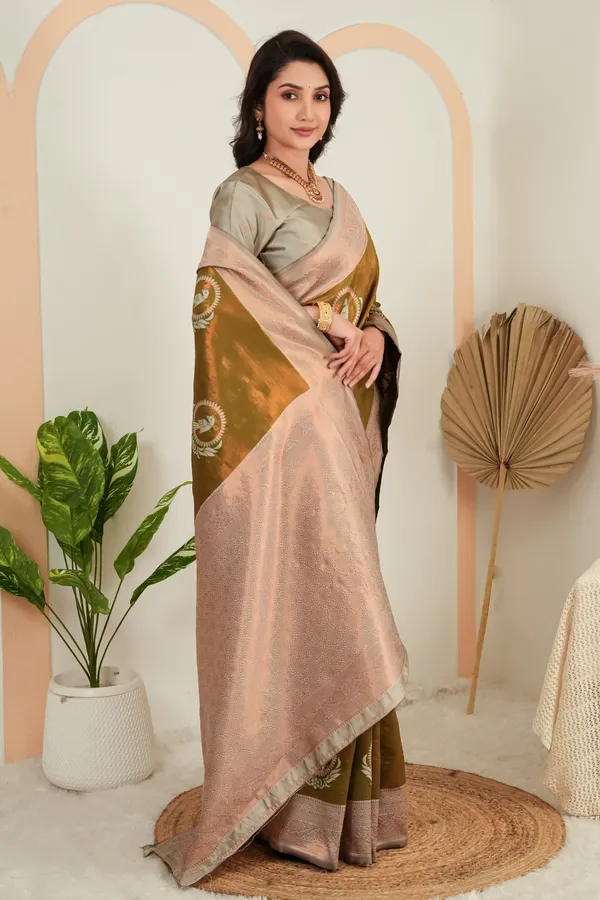 Olive_Green_Parrot_Motif_Jacquard_Silk_Saree_Default_Title