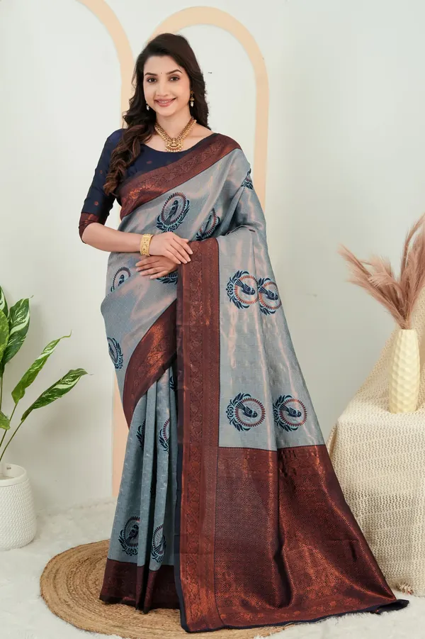 Steel_Grey_Parrot_Motif_Jacquard_Silk_Saree_Default_Title