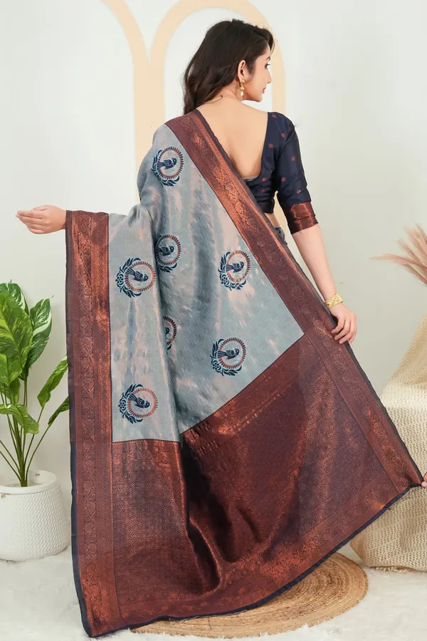 Steel_Grey_Parrot_Motif_Jacquard_Silk_Saree_Default_Title