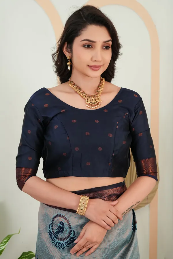 Steel_Grey_Parrot_Motif_Jacquard_Silk_Saree_Default_Title