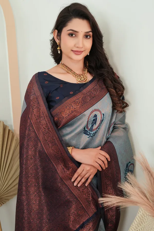 Steel_Grey_Parrot_Motif_Jacquard_Silk_Saree_Default_Title