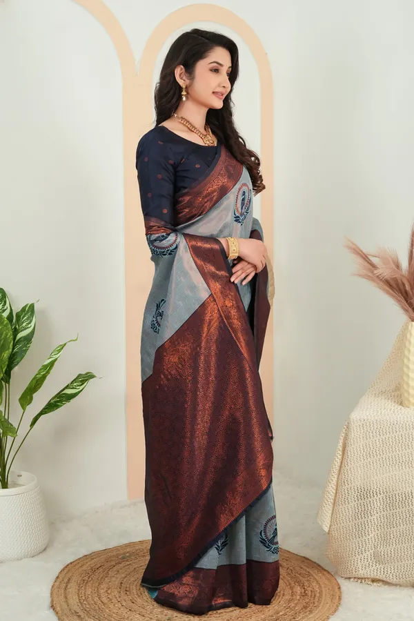 Steel_Grey_Parrot_Motif_Jacquard_Silk_Saree_Default_Title