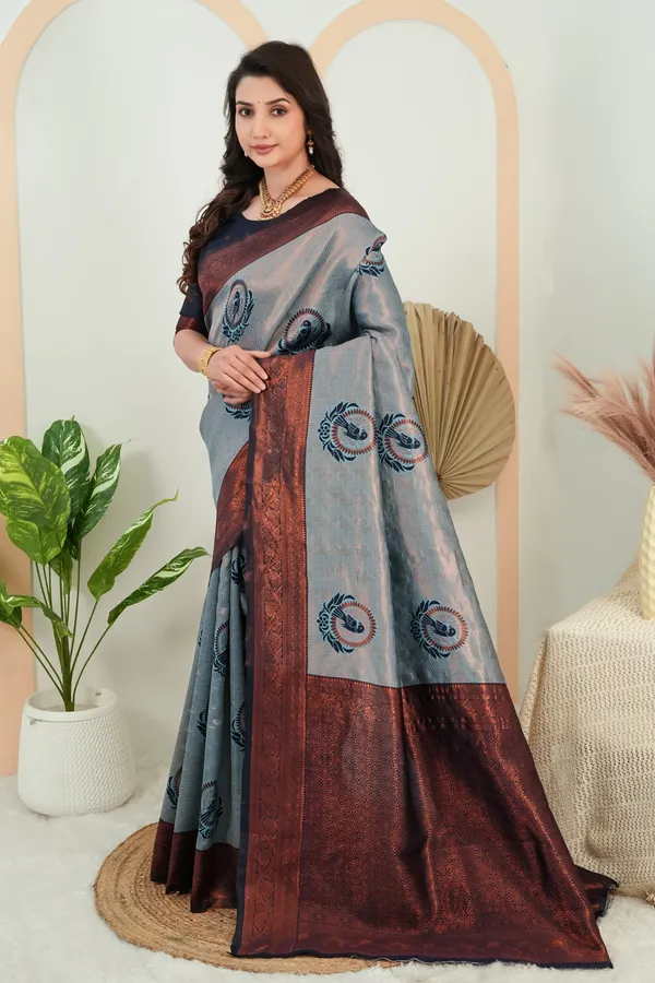 Steel_Grey_Parrot_Motif_Jacquard_Silk_Saree_Default_Title