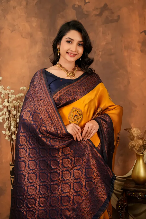 Mustard_Yellow_Navy_Blue_Jacquard_Silk_Saree_With_Rich_Woven_Pallu_Default_Title