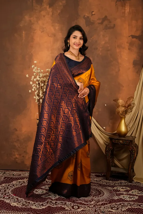 Mustard_Yellow_Navy_Blue_Jacquard_Silk_Saree_With_Rich_Woven_Pallu_Default_Title