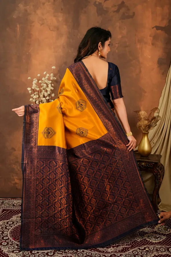 Mustard_Yellow_Navy_Blue_Jacquard_Silk_Saree_With_Rich_Woven_Pallu_Default_Title