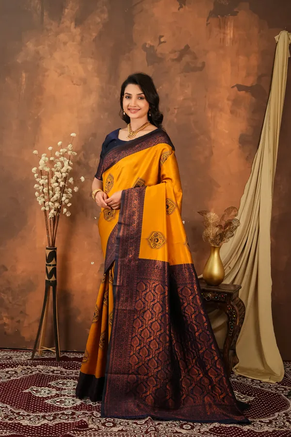 Mustard_Yellow_Navy_Blue_Jacquard_Silk_Saree_With_Rich_Woven_Pallu_Default_Title