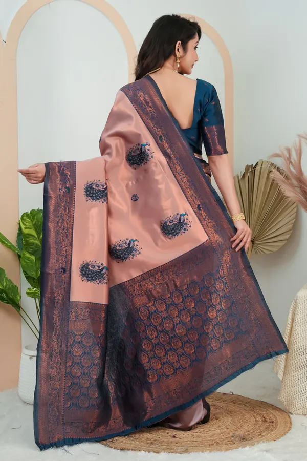 Peach_Rose_Teal_Blue_Peacock_Motif_Jacquard_Silk_Saree_Default_Title