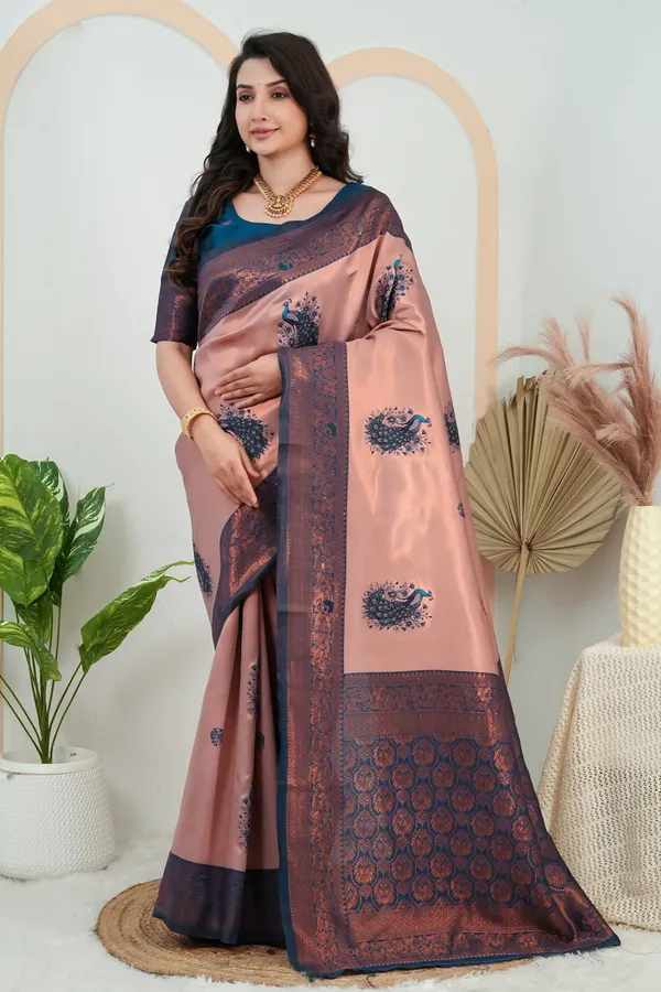 Peach_Rose_Teal_Blue_Peacock_Motif_Jacquard_Silk_Saree_Default_Title