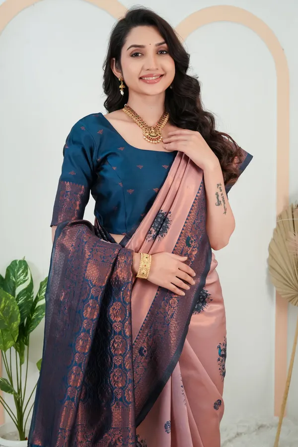 Peach_Rose_Teal_Blue_Peacock_Motif_Jacquard_Silk_Saree_Default_Title