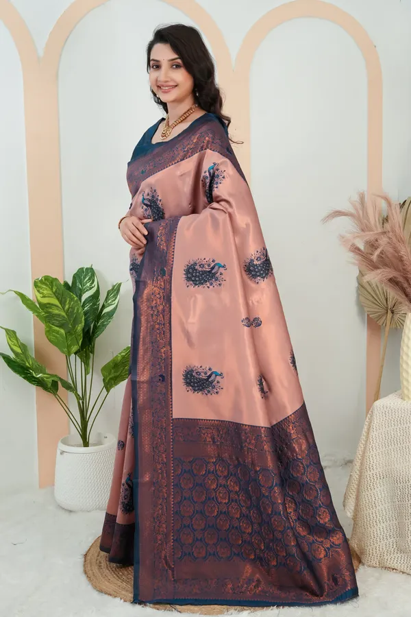 Peach_Rose_Teal_Blue_Peacock_Motif_Jacquard_Silk_Saree_Default_Title