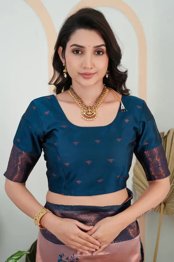 Peach_Rose_Teal_Blue_Peacock_Motif_Jacquard_Silk_Saree_Default_Title