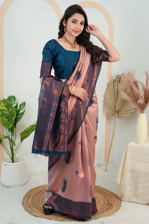 Peach_Rose_Teal_Blue_Peacock_Motif_Jacquard_Silk_Saree_Default_Title