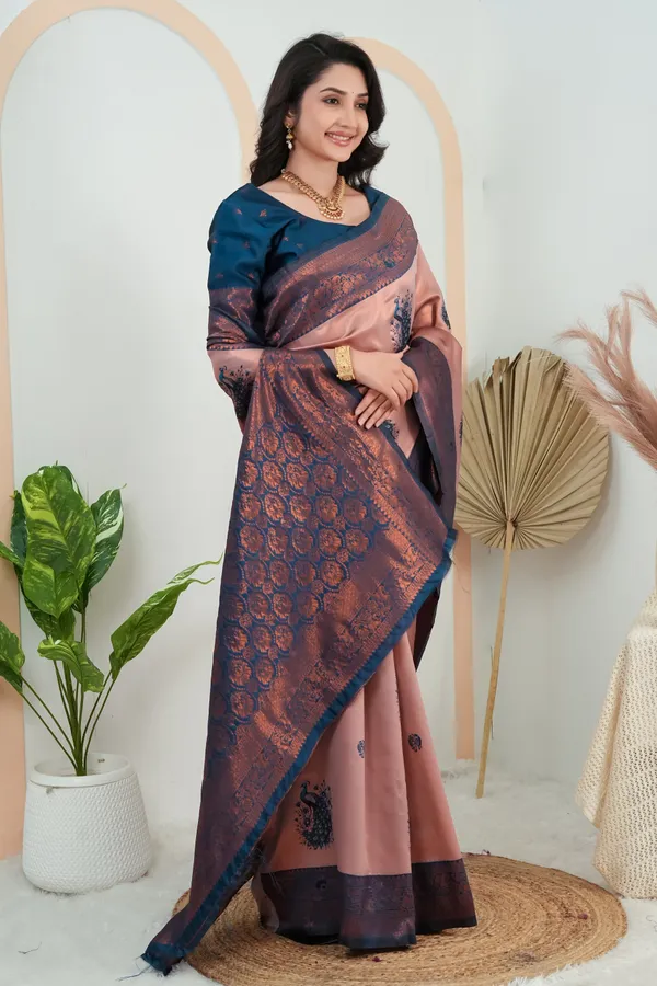 Peach_Rose_Teal_Blue_Peacock_Motif_Jacquard_Silk_Saree_Default_Title