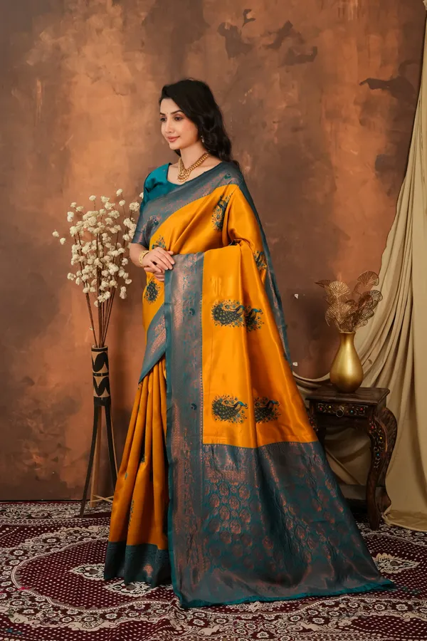 Mustard_Gold_Teal_Peacock_Motif_Jacquard_Silk_Saree_Default_Title