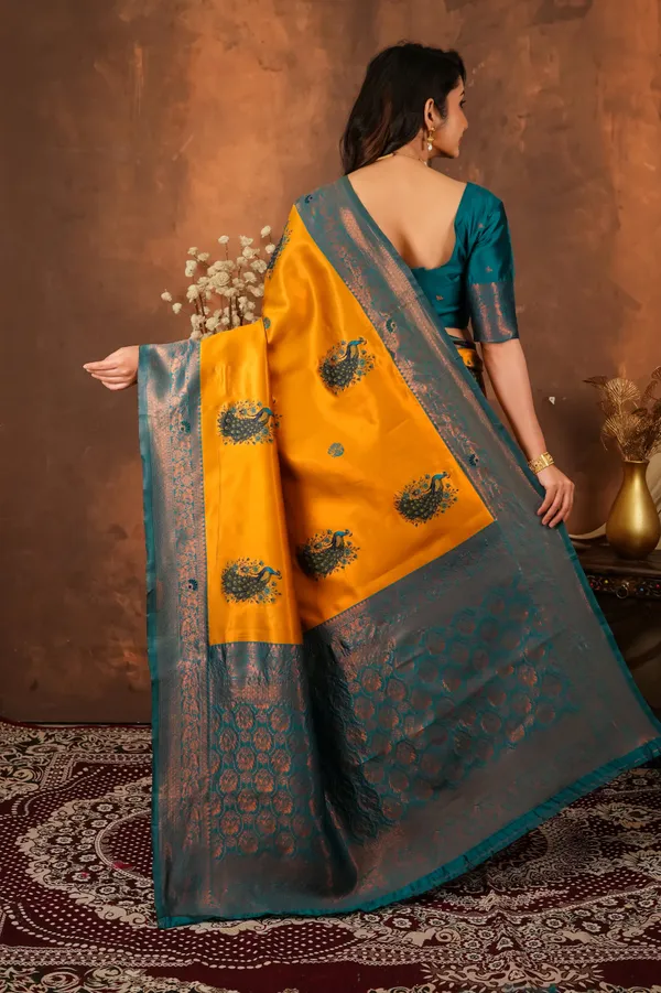 Mustard_Gold_Teal_Peacock_Motif_Jacquard_Silk_Saree_Default_Title