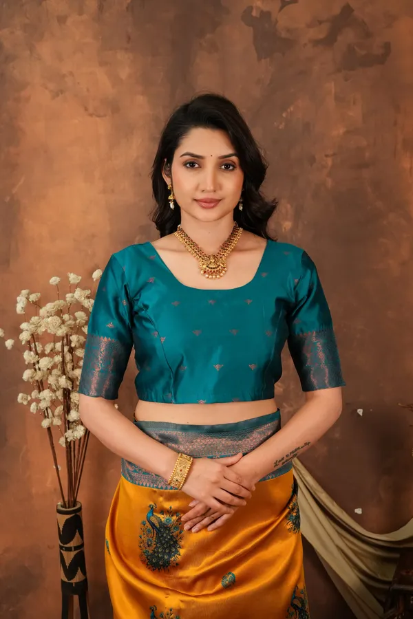 Mustard_Gold_Teal_Peacock_Motif_Jacquard_Silk_Saree_Default_Title