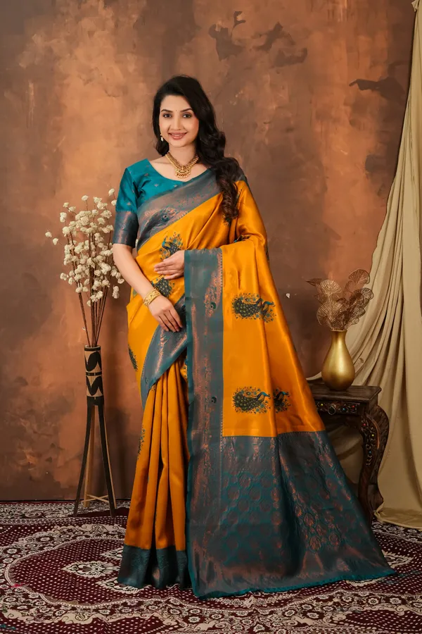 Mustard_Gold_Teal_Peacock_Motif_Jacquard_Silk_Saree_Default_Title