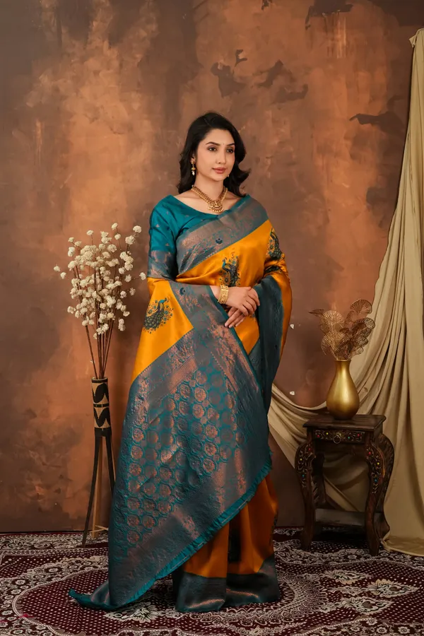 Mustard_Gold_Teal_Peacock_Motif_Jacquard_Silk_Saree_Default_Title