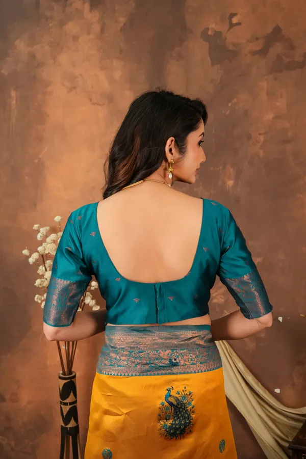 Mustard_Gold_Teal_Peacock_Motif_Jacquard_Silk_Saree_Default_Title