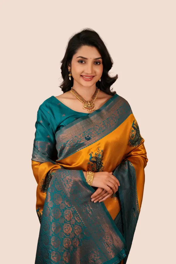 Mustard_Gold_Teal_Peacock_Motif_Jacquard_Silk_Saree_Default_Title