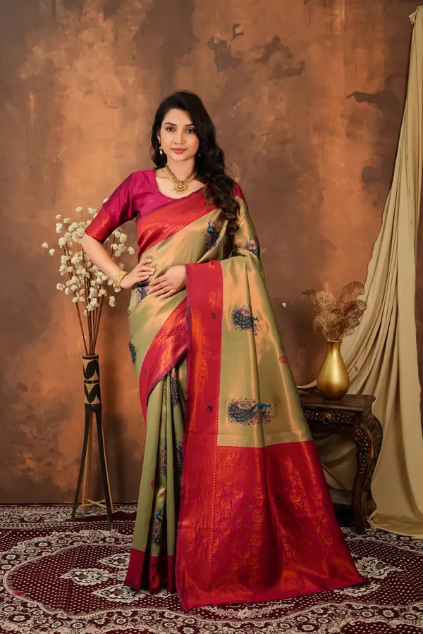 Olive_Green_Ruby_Red_Peacock_Motif_Jacquard_Silk_Saree_Default_Title